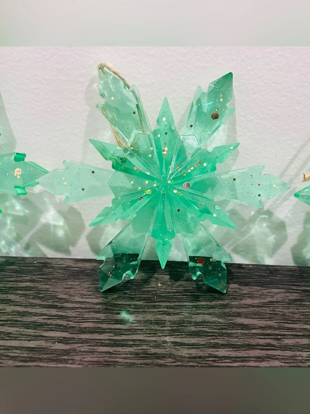 Handcrafted Epoxy Green With Glitter Accent Snowflake Holiday Ornaments -5